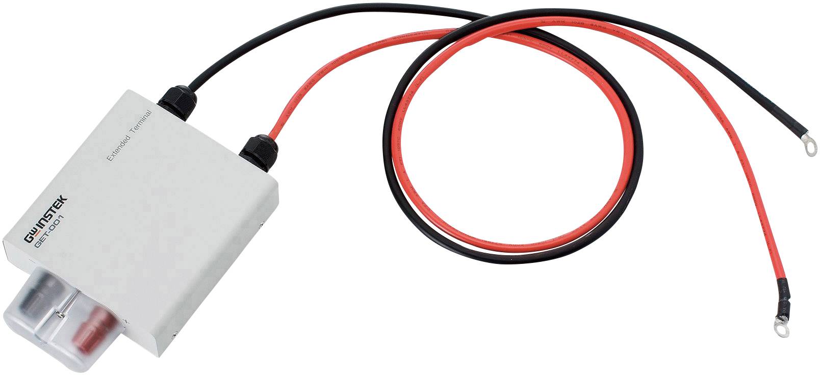 Un appareil électronique blanc portant l'inscription 'Genetek'. Deux câbles, l'un rouge et l'autre noir, y sont connectés.
