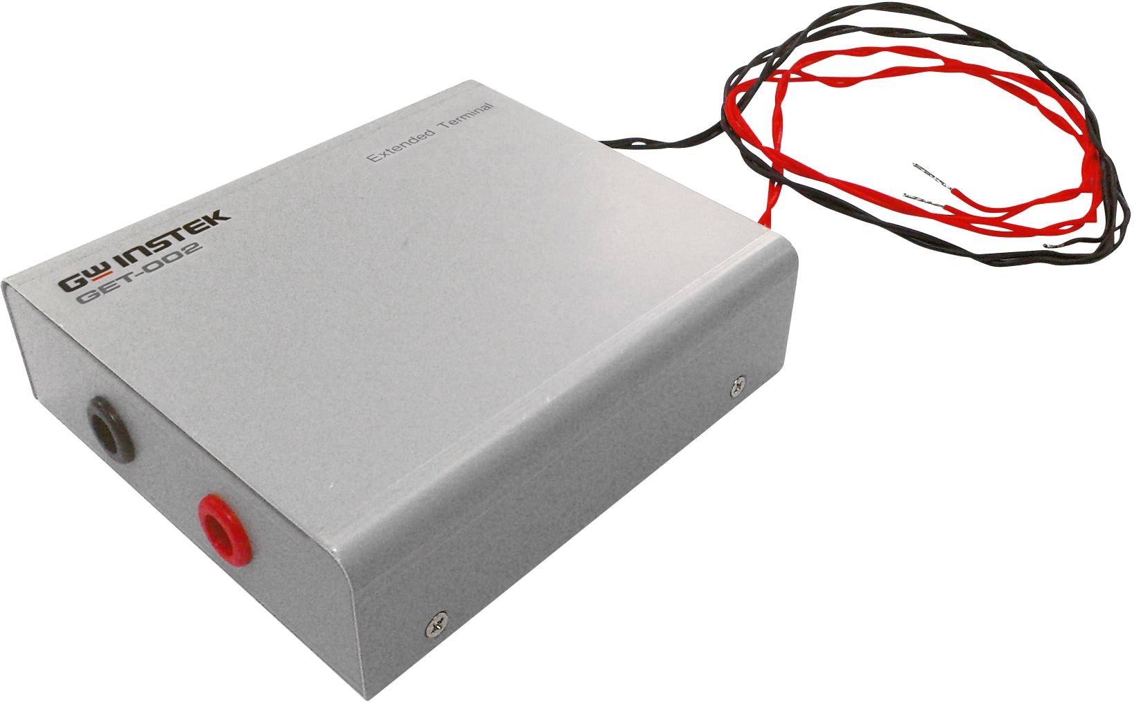 Appareil électronique argenté portant l'inscription 'GW Instek GBT-001'. Il est équipé de fils noirs et rouges pour les connexions électriques.