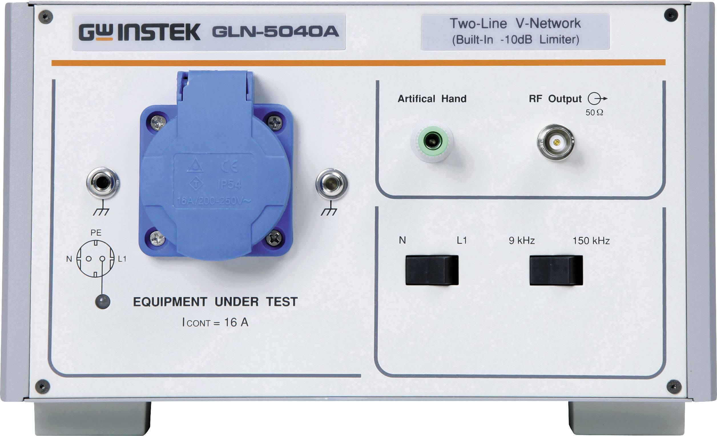 Appareil de test électronique avec prise et connexions pour main artificielle, sortie RF et câble d'alimentation. Modèle GW INSTEK GLN-5040A.