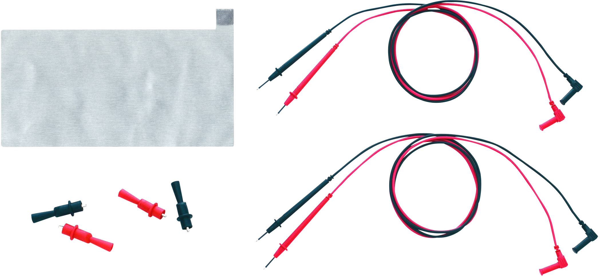 Deux paires de câbles de mesure, l'une rouge et l'autre noire, avec des connecteurs et de petits accessoires, sur un fond blanc.