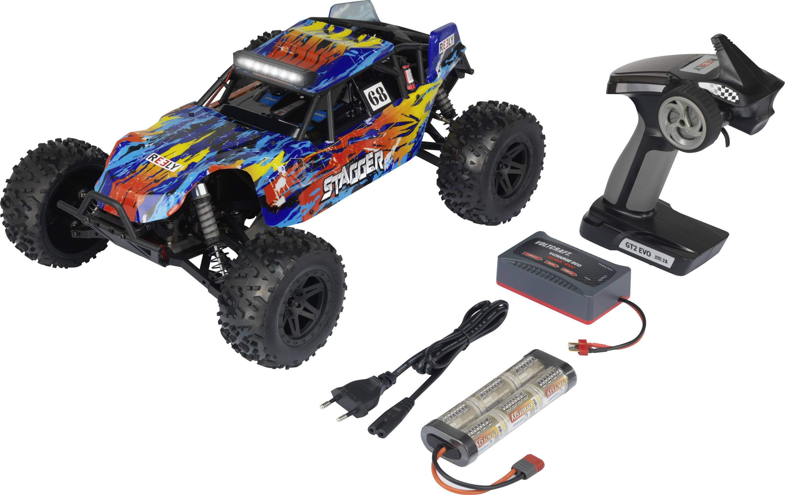 Ensemble de voiture télécommandée avec véhicule tout-terrain coloré, télécommande, chargeur, batteries et câble pour utilisation extérieure.