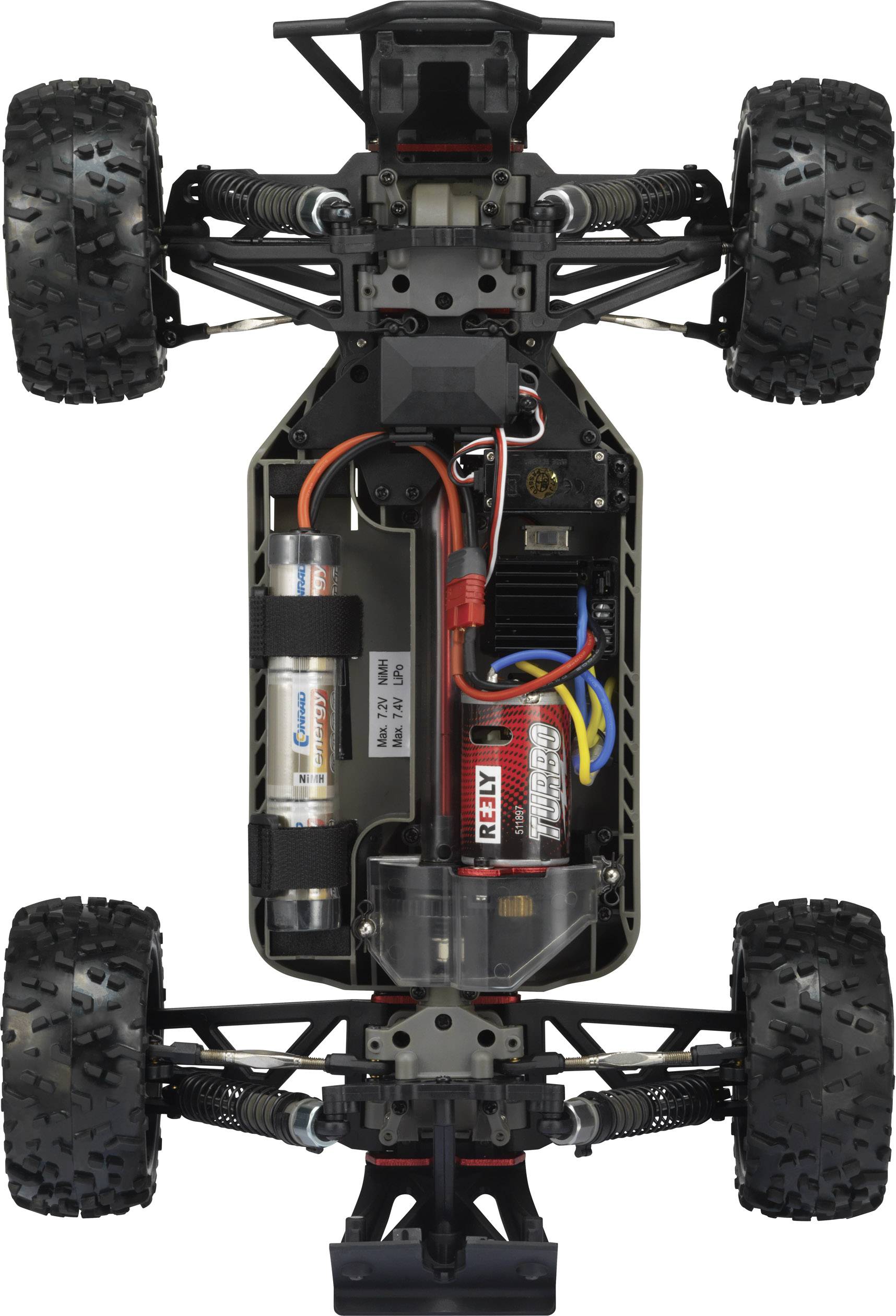 L'illustration montre le châssis d'une voiture télécommandée vue de dessous, incluant les roues, les amortisseurs, la batterie et les composants électroniques.