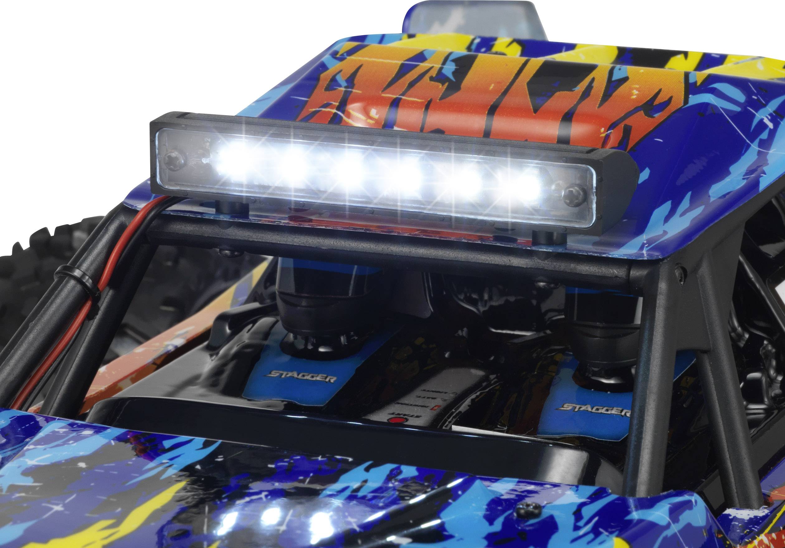 Une voiture télécommandée avec un motif coloré et une barre lumineuse LED à l'avant, montrant des détails précis.