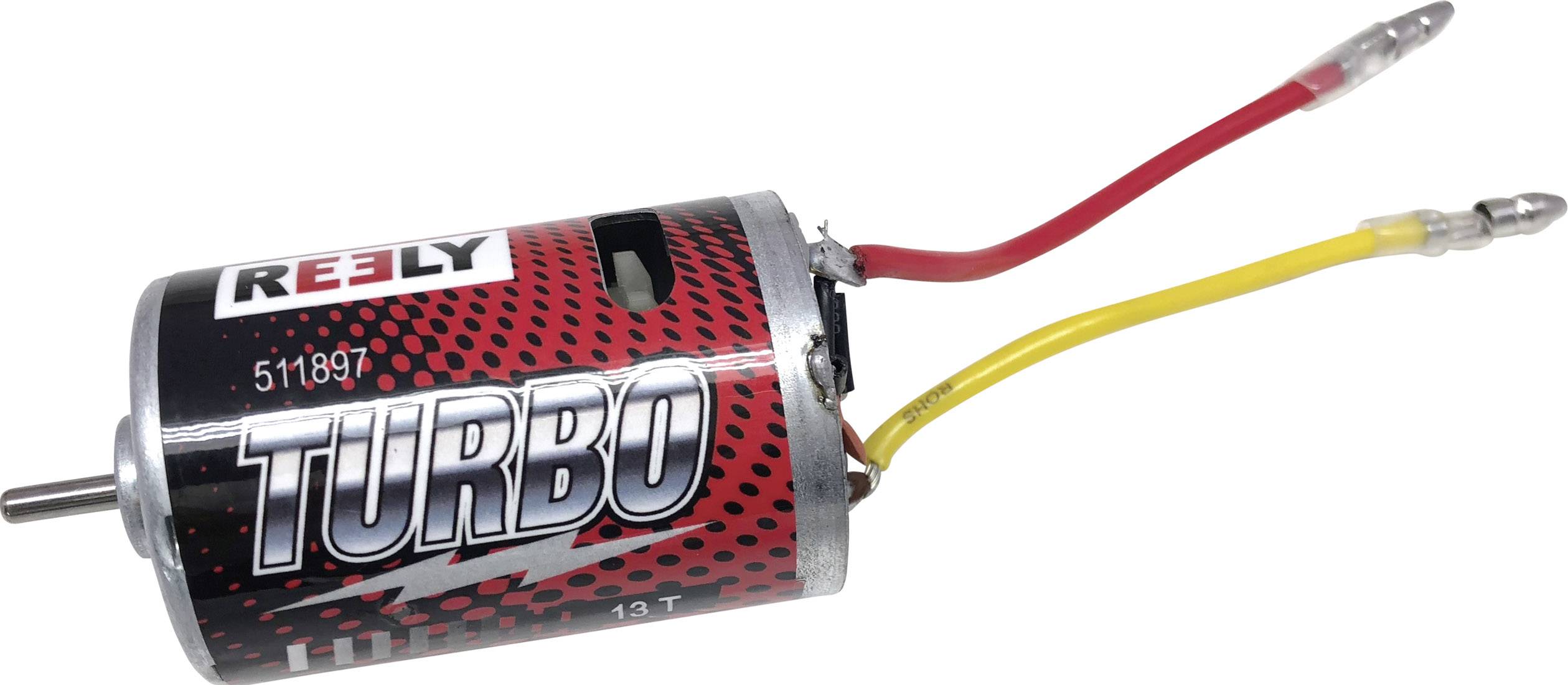 Un moteur électrique avec un câble rouge et jaune, portant l'inscription 'TURBO'. Adapté pour les véhicules modèles. Nom du fabricant 'REELY'.
