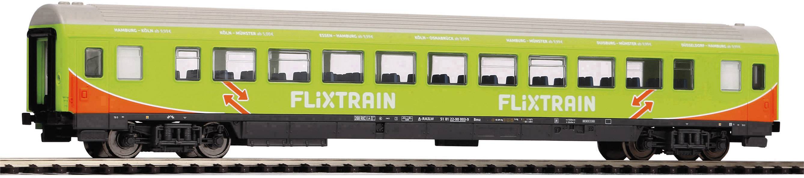 Wagon de train vert portant l'inscription 'FLIXTRAIN' sur le côté, stationné sur une voie ferrée, doté de plusieurs fenêtres.