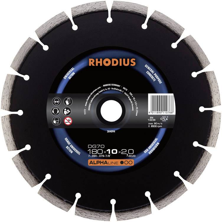 Rhodius 304094 DG70 Disque à tronçonner diamanté Diamètre 180 mm Ø de perçage 22.23 mm Béton 1 pc(s)