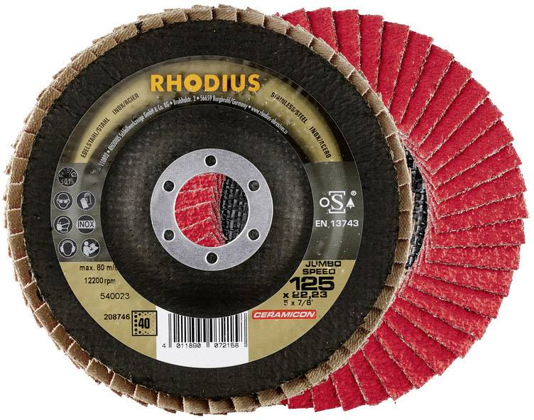 Disque de meulage rond avec face arrière rouge et nom de marque RHODIUS sur la face avant. Indications relatives à la vitesse et à la nature du matériau.