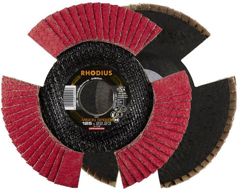 Disque à lamelles 'RHODIUS Vision Speed 125 x 22,23', adapté pour l'usinage des métaux. Feuilles abrasives rouges visibles.