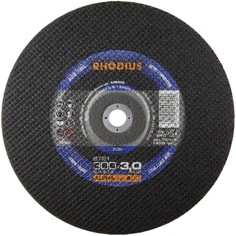 Disque à meuler portant l'inscription 'RHODIUS', adapté pour l'acier, diamètre : 300 mm, épaisseur : 3 mm, vitesse de rotation maximale : 5100 tr/min.