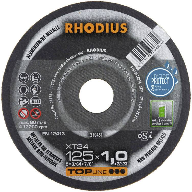 Un disque à tronçonner portant l'inscription 'RHODIUS XT24 125 x 1,0'. Adapté pour l'aluminium et le métal. Symboles d'informations de sécurité et de matériaux.