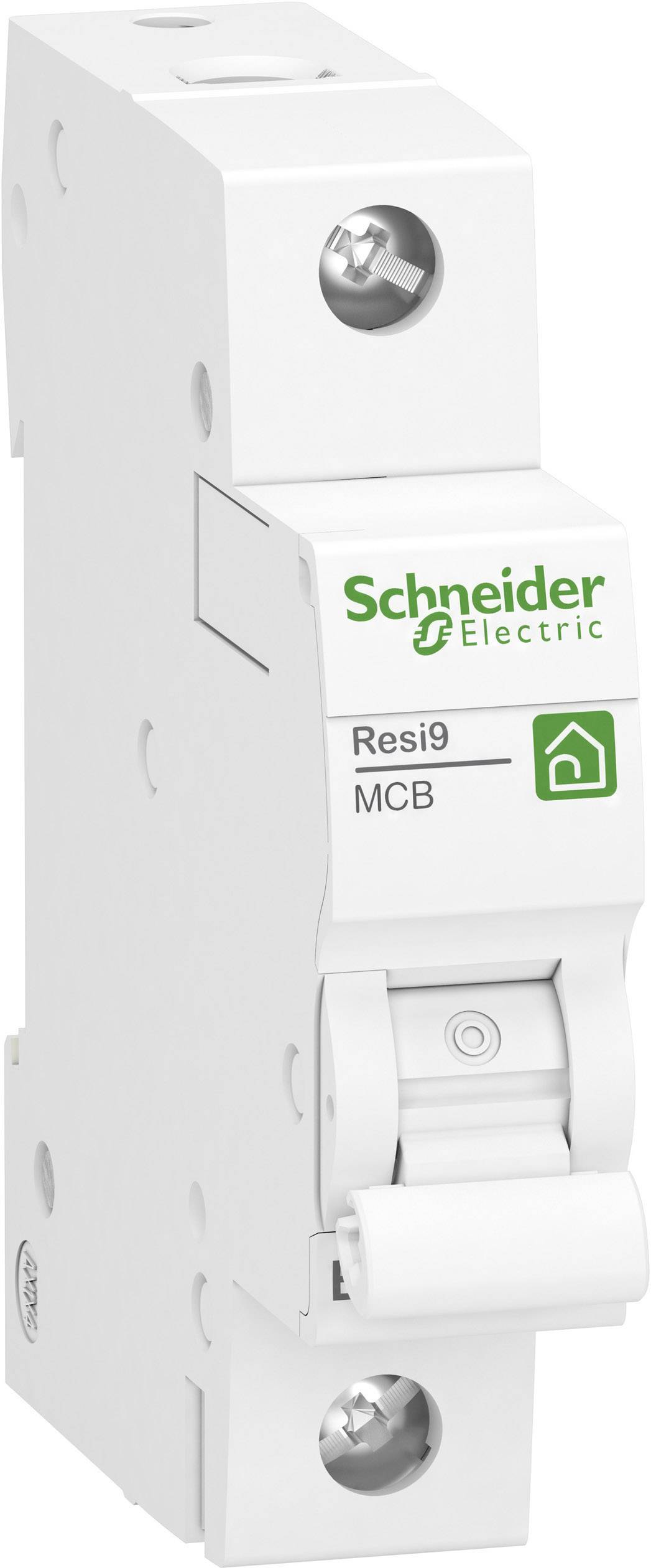 Un disjoncteur miniature blanc de marque Schneider Electric, modèle Resi9 MCB, avec logo vert et un interrupteur à bascule.