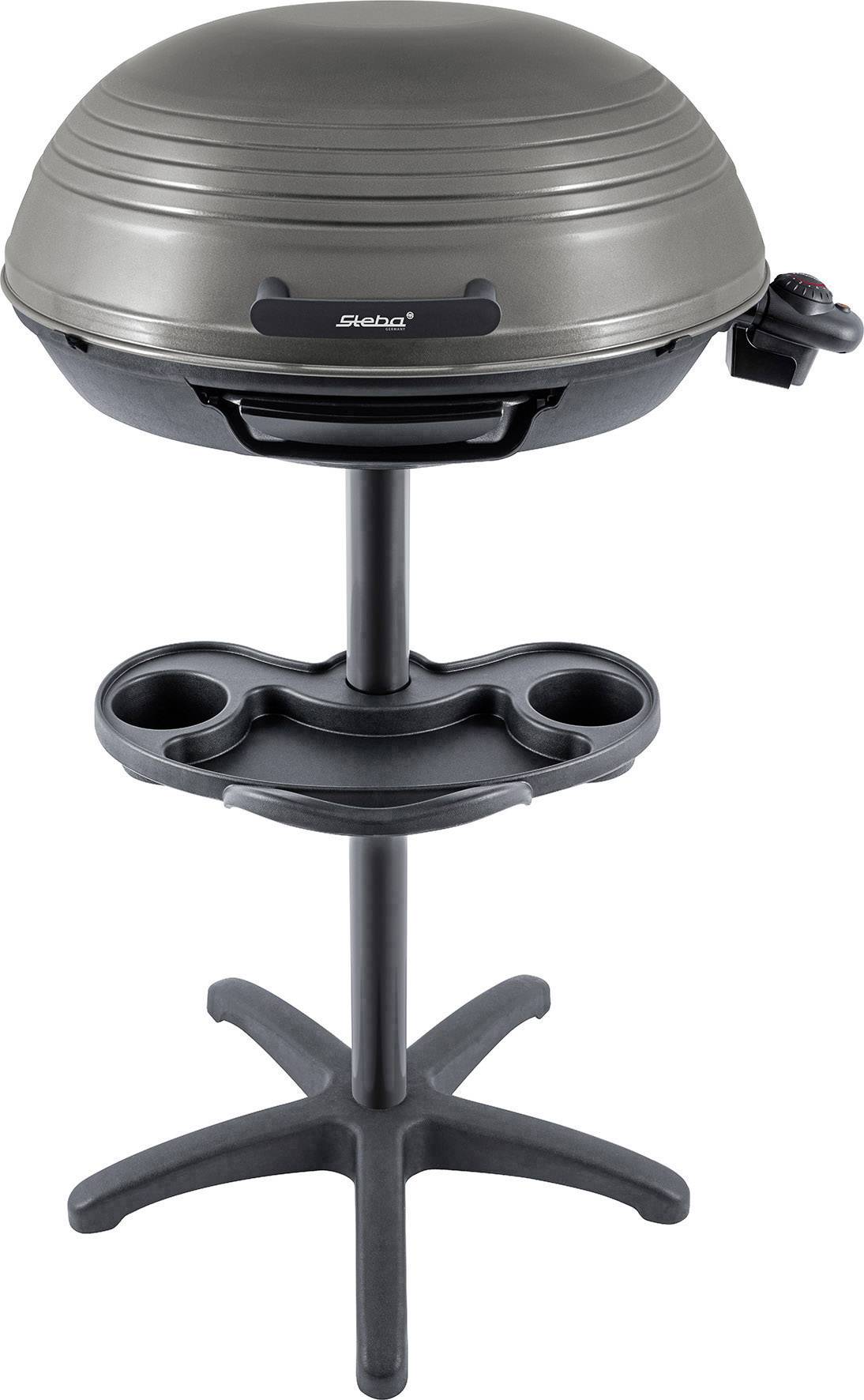 Un grill électrique sur pied avec deux surfaces de rangement, adapté pour le jardin ou le balcon.