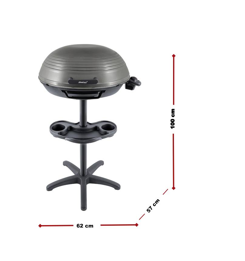 Un grill électrique rond sur support, d'une hauteur de 100 cm et d'une largeur de 62 cm. Idéal pour le barbecue en extérieur.