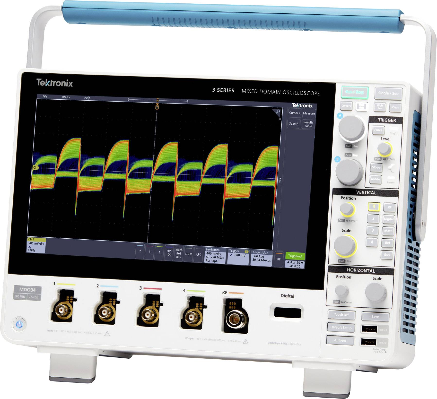 Un oscilloscope affichant un diagramme d'onde avec plusieurs commandes sur le côté droit pour les réglages de mesure.