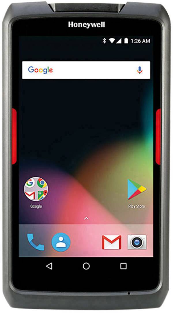 Un smartphone portant une marque Honeywell sur son boîtier affiche l'écran d'accueil avec la barre de recherche Google et les icônes d'applications.