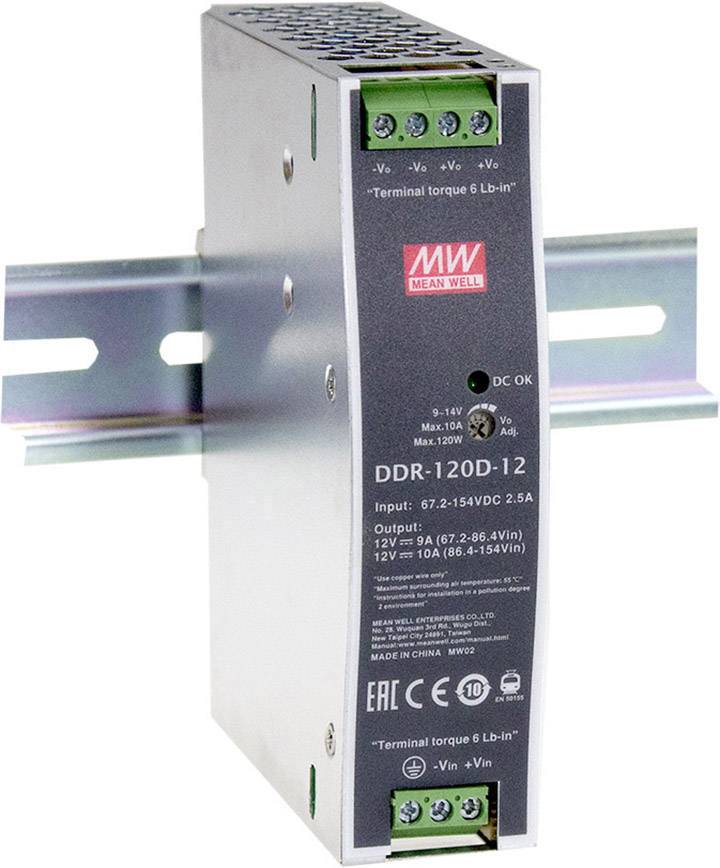 Alimentation Mean Well, modèle DDR-120D-12 pour montage sur rail DIN. Entrée : 67-154VDC, Sortie : 12V, 10A.