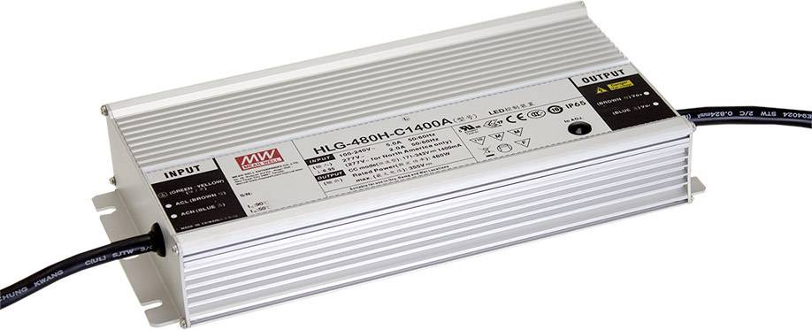 Un driver LED 'HLG-480H-C1400A' de Mean Well dans un boîtier en aluminium avec des connexions électriques et des marquages techniques.