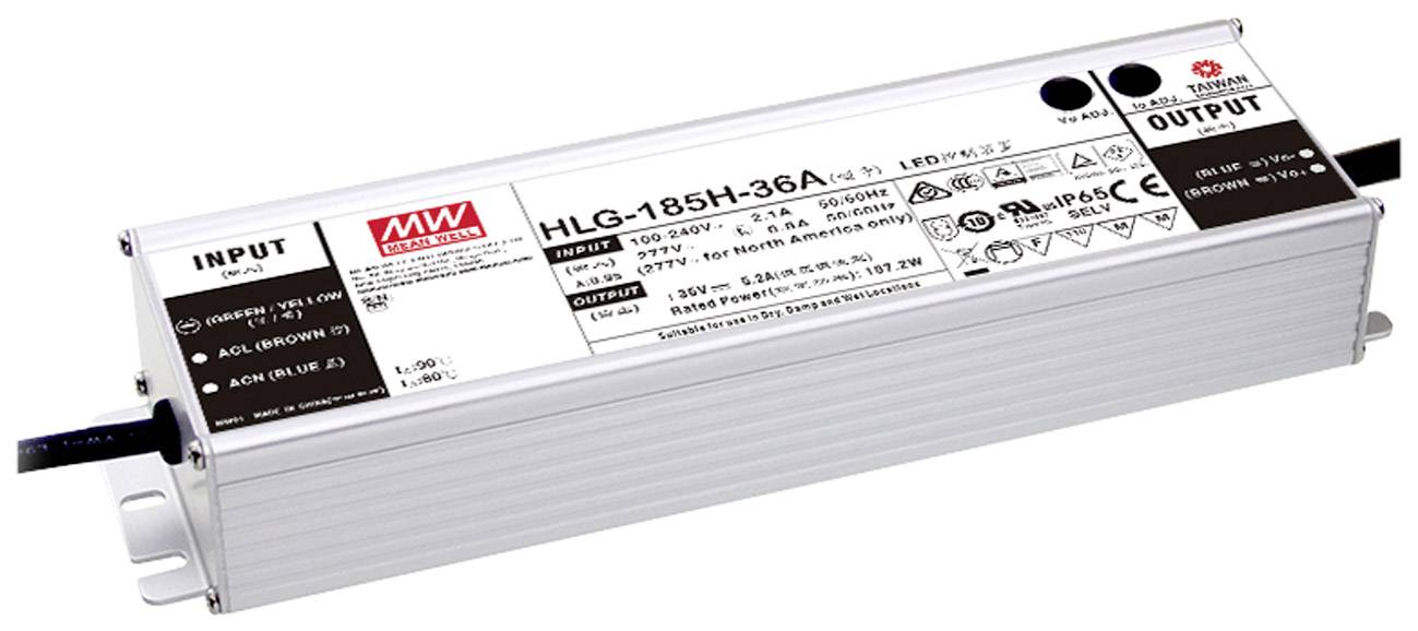 Un bloc d'alimentation rectangulaire argenté portant le numéro de modèle 'HLG-185H-36A'. Affiche les entrées et sorties, les paramètres de fonctionnement et les symboles de sécurité.