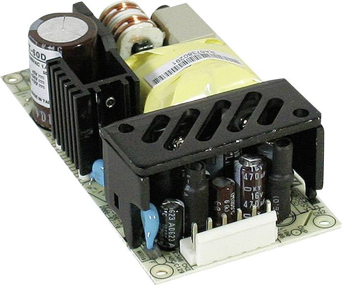 Un module électronique avec des condensateurs, un transformateur et un dissipateur thermique sur un circuit imprimé. Il s'agit probablement d'une alimentation électrique.