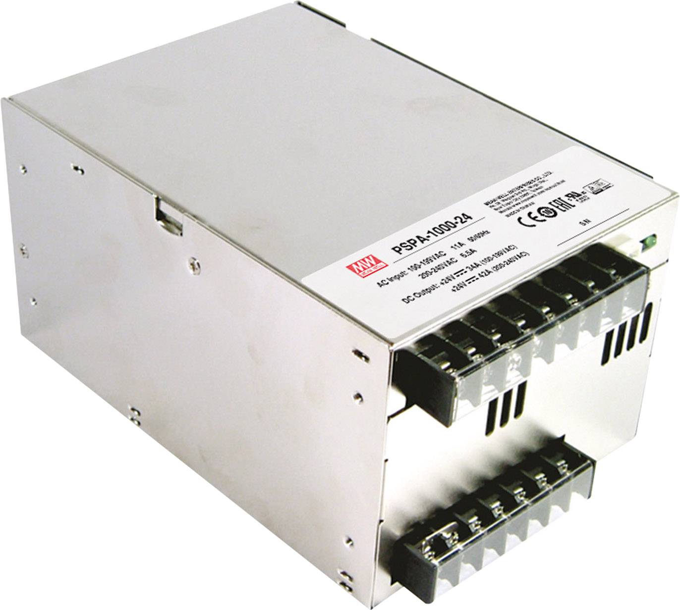 Bloc d'alimentation 'Mean Well' avec boîtier métallique, numéro de modèle PSPA-1000-24, puissance de 1000W. Convient aux applications industrielles.