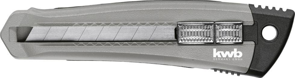 Couteau universel gris et noir avec lame rétractable et manche strié, manipulable latéralement, portant l'inscription de marque 'kwb Germany'.