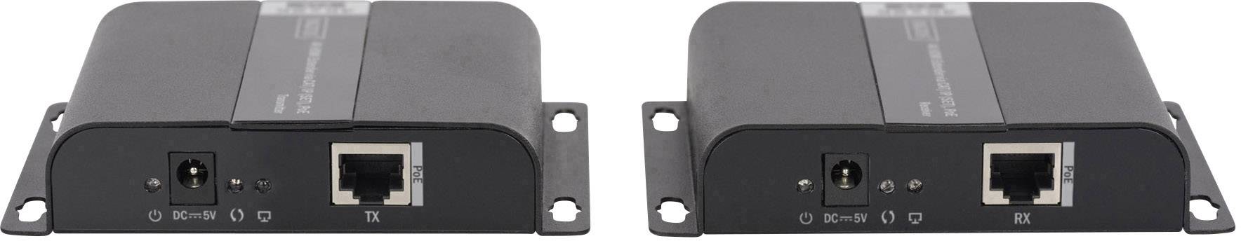 Deux appareils électroniques noirs avec des connexions Ethernet et d'alimentation, côte à côte sur une surface blanche.