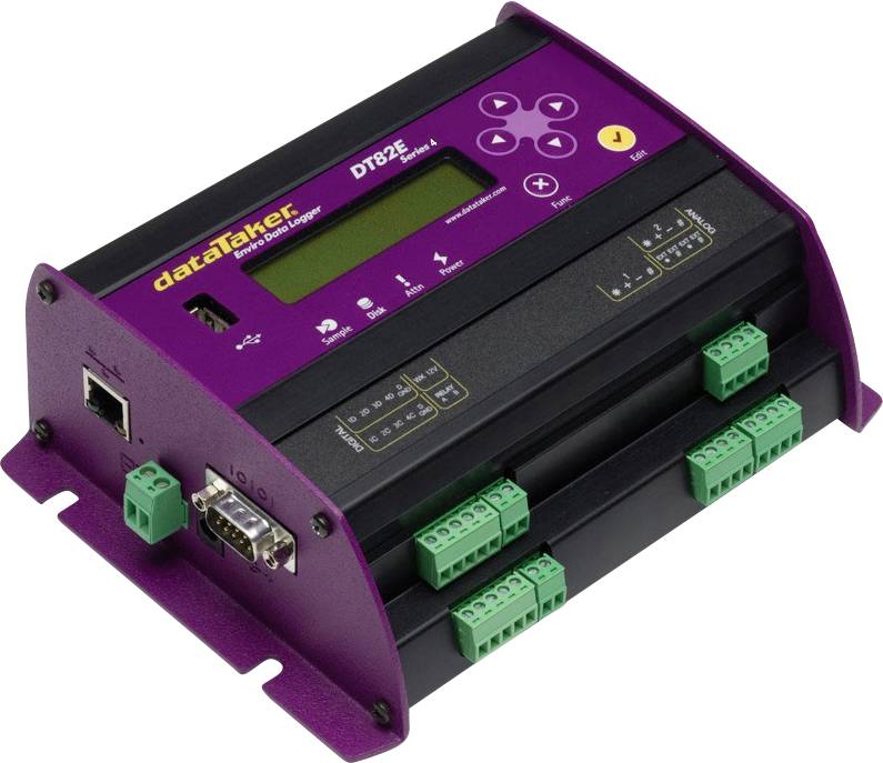 Un appareil d'acquisition de données violet avec des ports et des commandes, modèle 'dataTaker DT82E', est présenté.