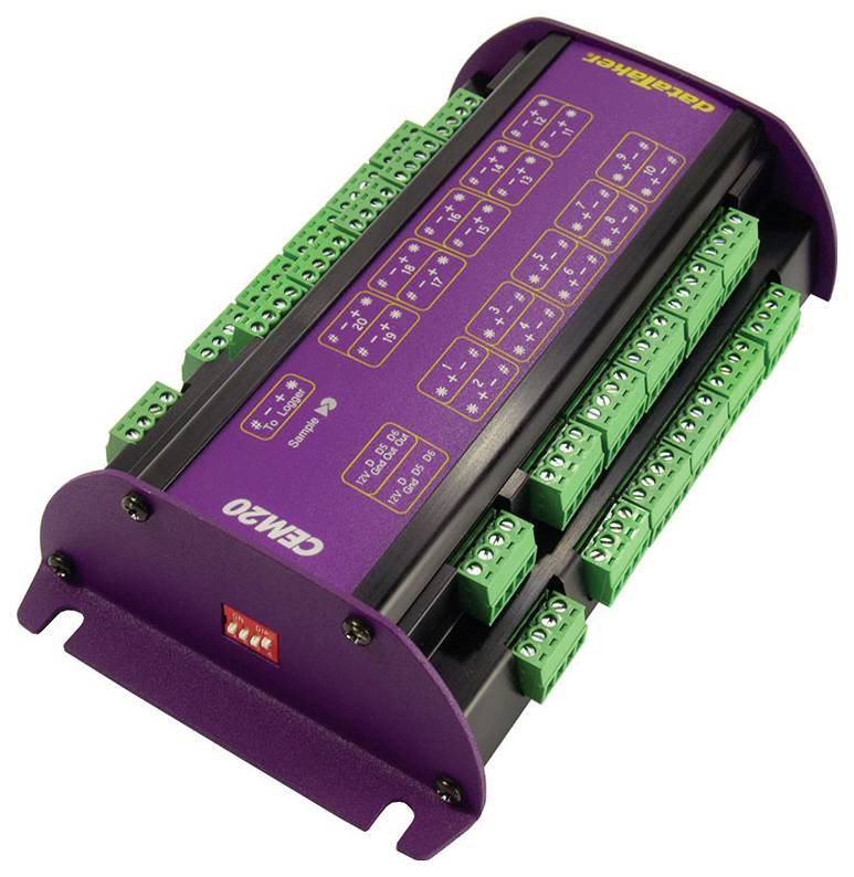 Un appareil électrique violet avec des bornes de connexion vertes et l'inscription 'GEM90'. Design circulaire, adapté aux applications industrielles.