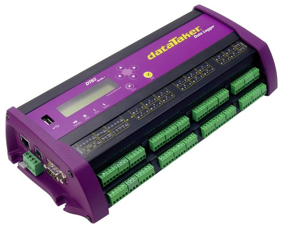 Un enregistreur de données lilas-gris avec affichage LCD, clavier et plusieurs bornes de connexion vertes, portant l'inscription 'dataTaker'.