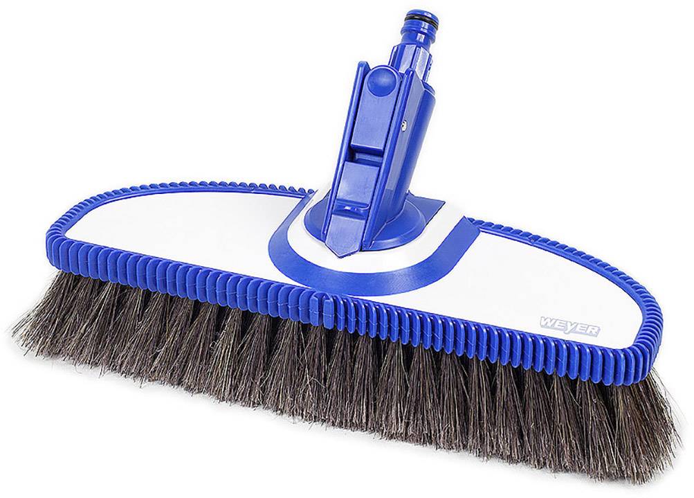 Embout de balai bleu avec des éléments blancs et des poils denses, adapté aux travaux de nettoyage.