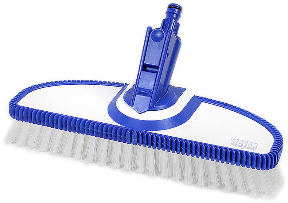 Une tête de brosse de fond de piscine bleu et blanc avec des poils pour le nettoyage, la marque 'Weyer' visible.