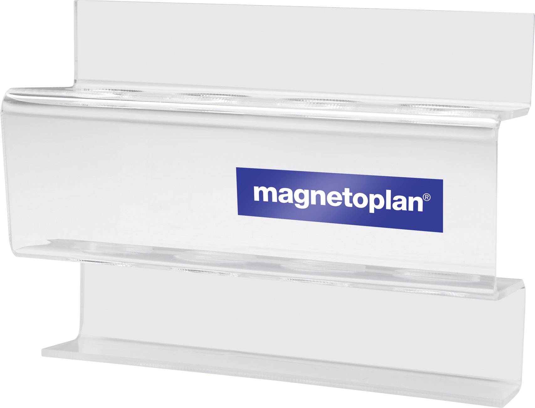 Pot à crayons magnétique transparent avec logo 'magnetoplan', à fixer sur des surfaces magnétiques.