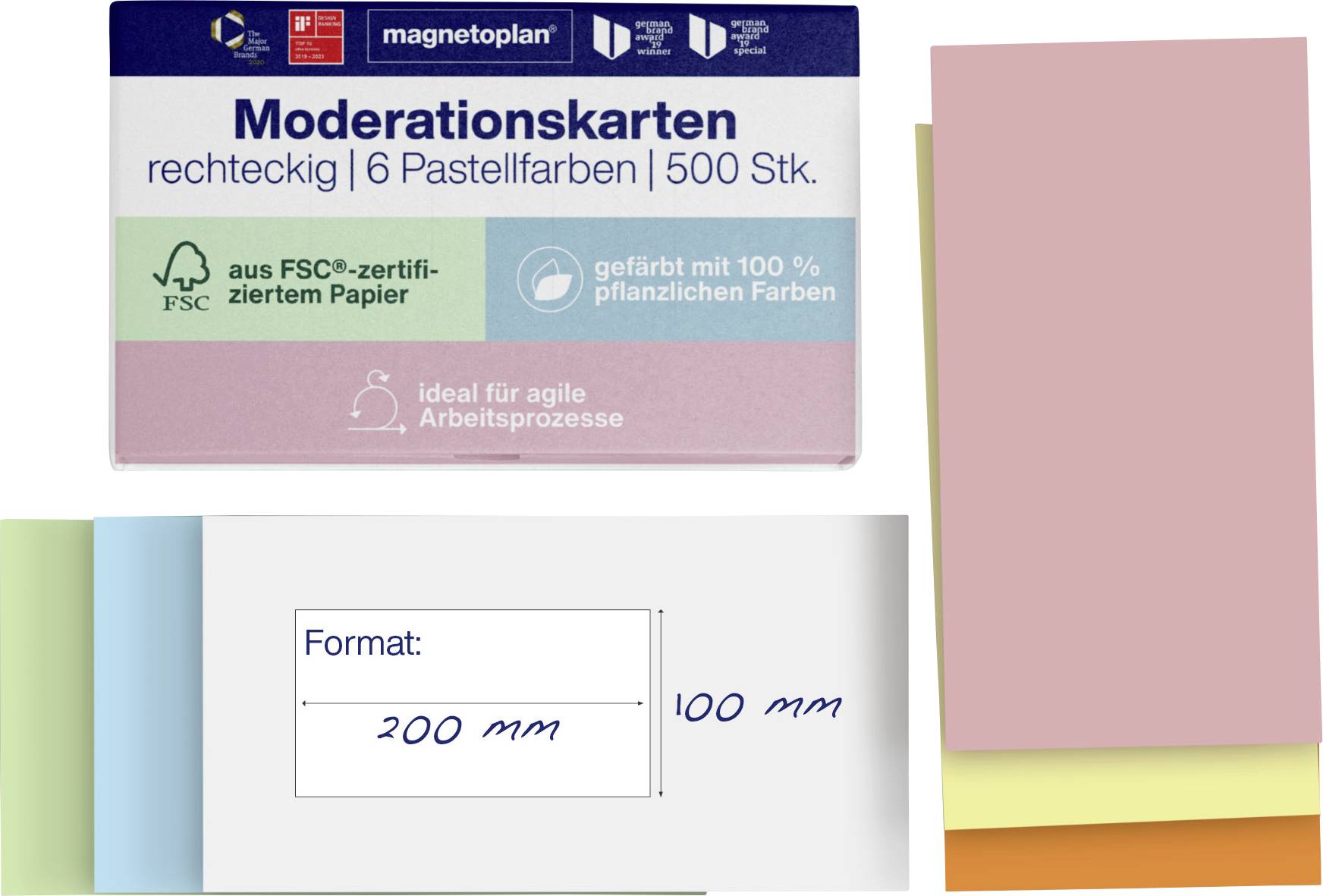 Paquet de cartes de modération rectangulaires en 6 couleurs pastel, 500 feuilles, dimensions 200 mm x 100 mm et papier certifié FSC.