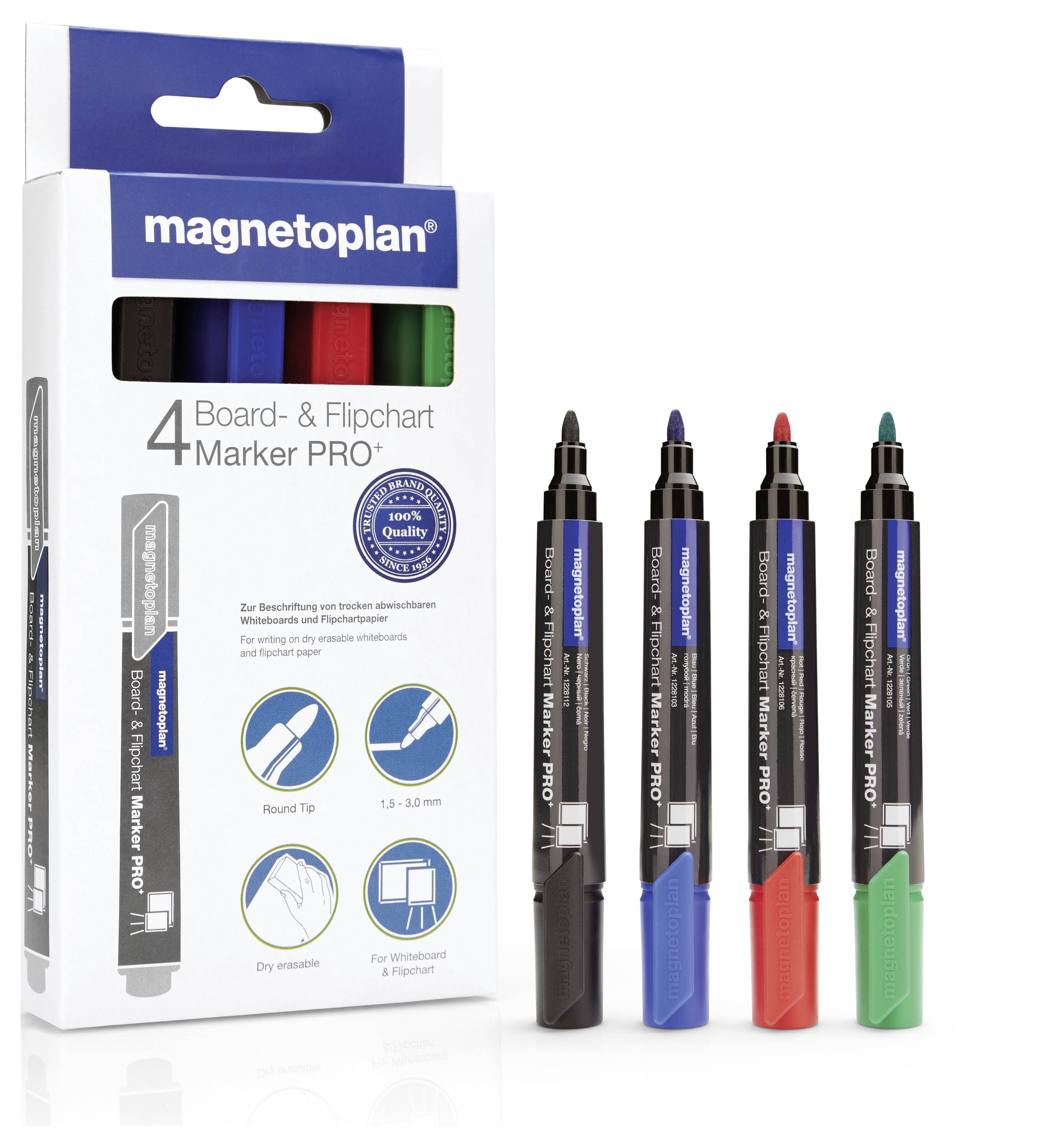 Un ensemble de quatre marqueurs dans une boîte étiquetée « magnetoplan 4 Board & Flipchart Marker PRO » avec des marqueurs noir, rouge, bleu et vert visibles.