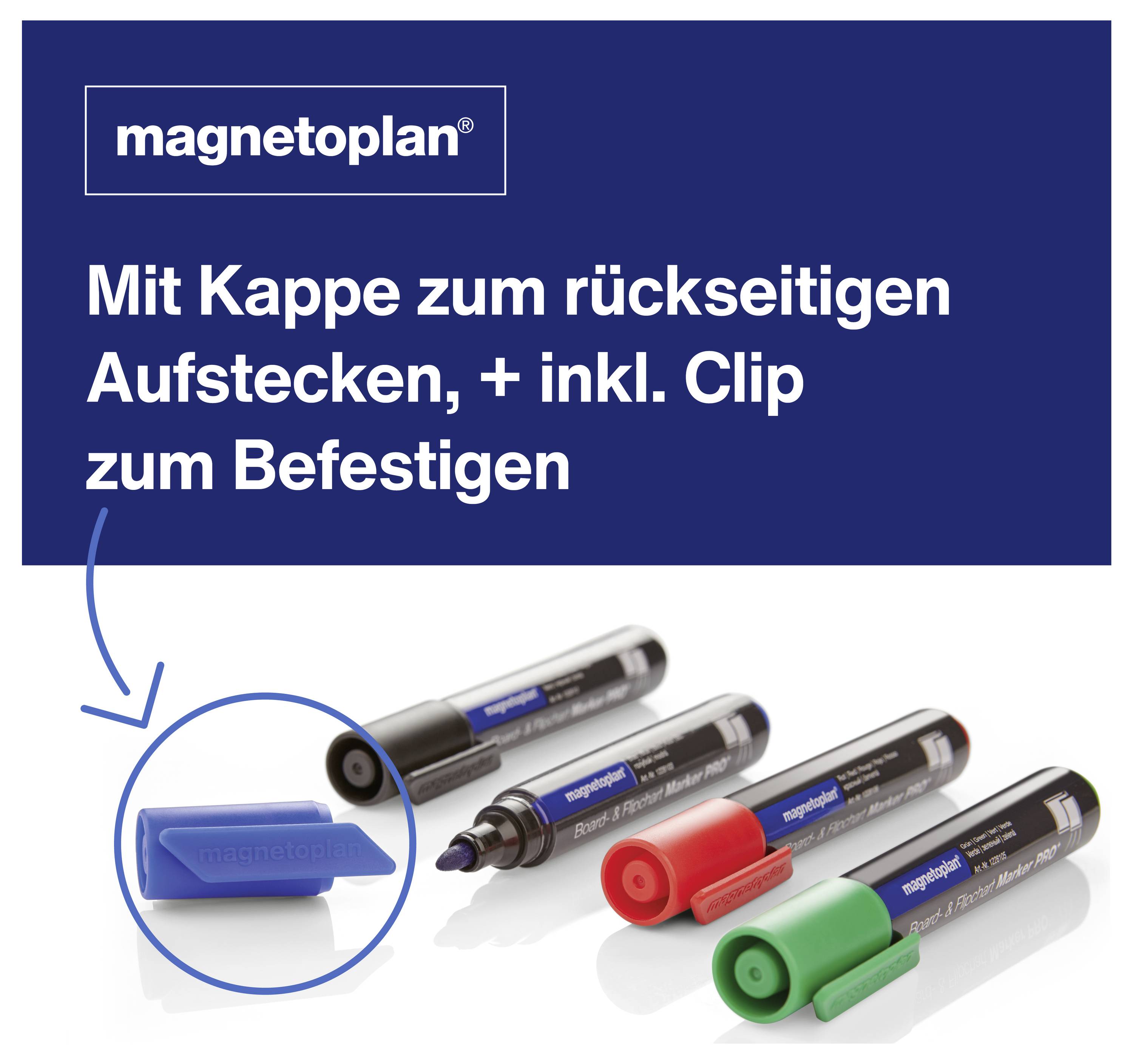 Trois marqueurs pour tableau blanc de couleurs différentes avec des capuchons bleus, rouges et verts. Le texte informe sur le capuchon qui peut être mis en place et le clip de fixation.