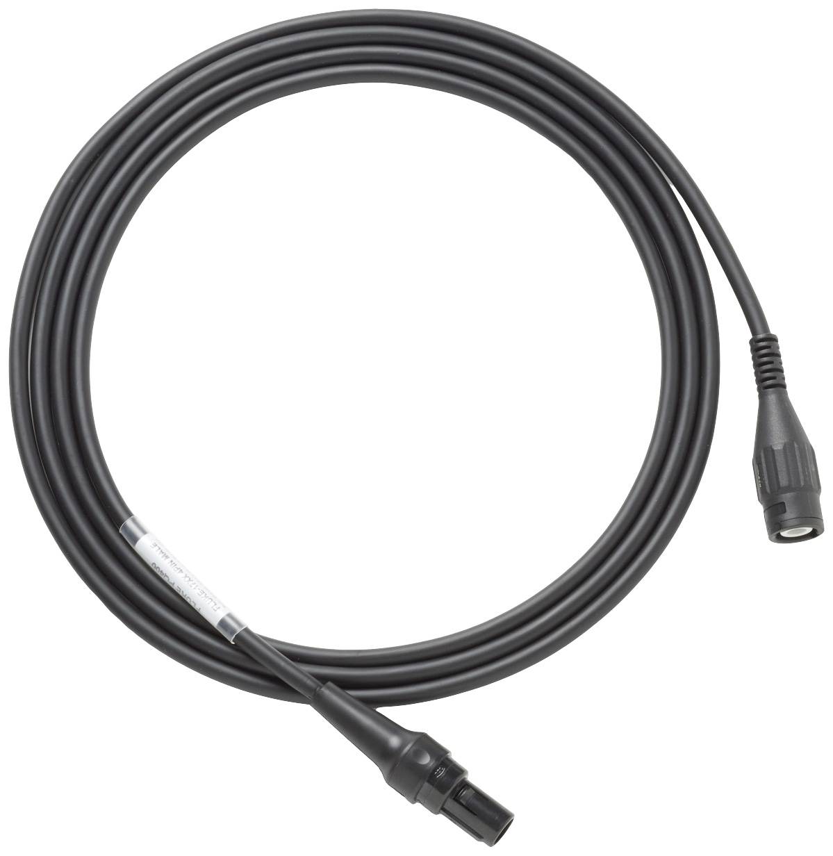 Câble noir, rond, avec des fiches à chaque extrémité, adapté aux appareils audio ou d'éclairage.