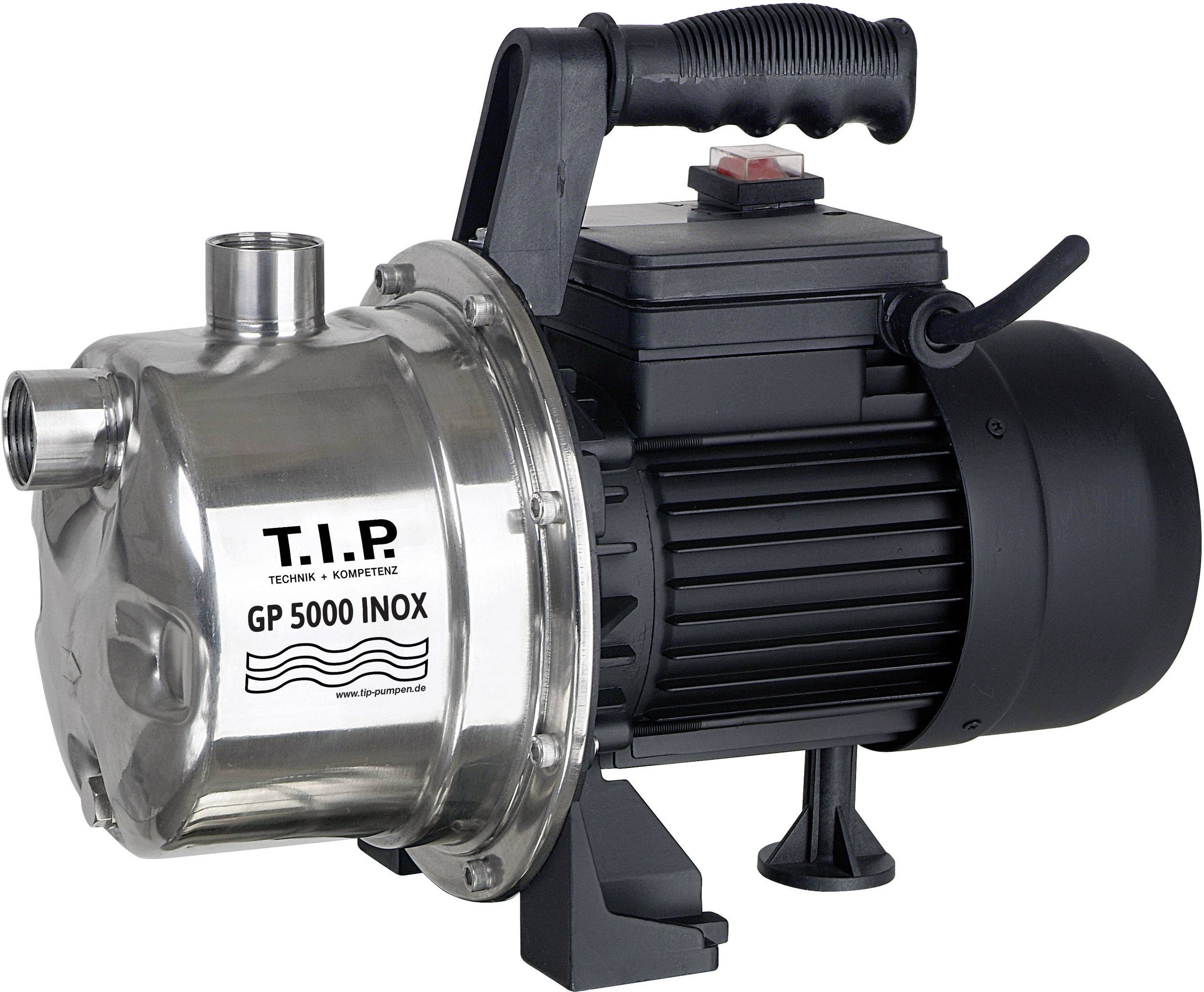 'Pompe en métal avec moteur et poignée noirs. Marquage : T.I.P. GP 5000 INOX. Adaptée à l'irrigation et au transport d'eau.'