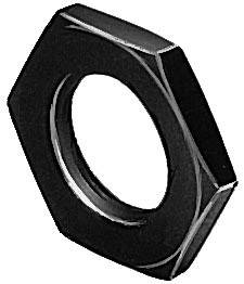 Écrou hexagonal, noir, en métal, vue en perspective. Il présente le design hexagonal typique avec un trou intérieur circulaire.