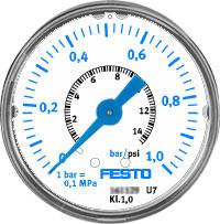 Indicateur de pression avec deux échelles montrant la pression en bar et en psi ; pointeur bleu indiquant le niveau de pression. Affichage de 0 à 1,0 bar/psi.
