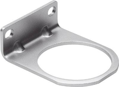 Support métallique avec un trou circulaire, adapté pour la fixation d'objets cylindriques. Deux perçages pour la fixation sur une surface.