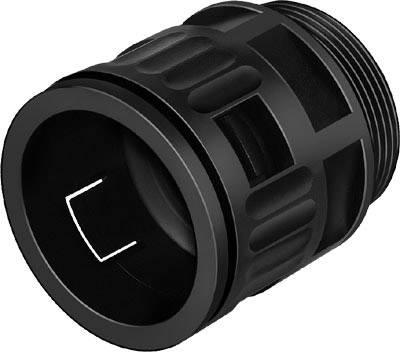 Pièce cylindrique en plastique noir, probablement un adaptateur ou un boîtier, avec un design nervuré pour une meilleure prise en main.