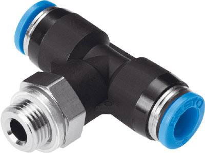 Connecteur en T pour pneumatique, noir avec embouts bleus, permet la connexion de trois tuyaux dans un système.