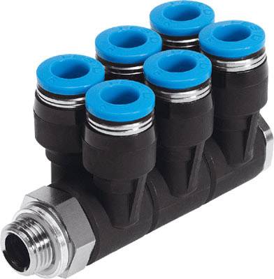 'Une connexion à six tubes avec des joints d'étanchéité bleus et un raccord métallique, adaptée aux systèmes pneumatiques.'
