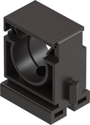Un support rectangulaire noir en plastique avec une ouverture cylindrique pour la fixation de câbles ou de tuyaux.