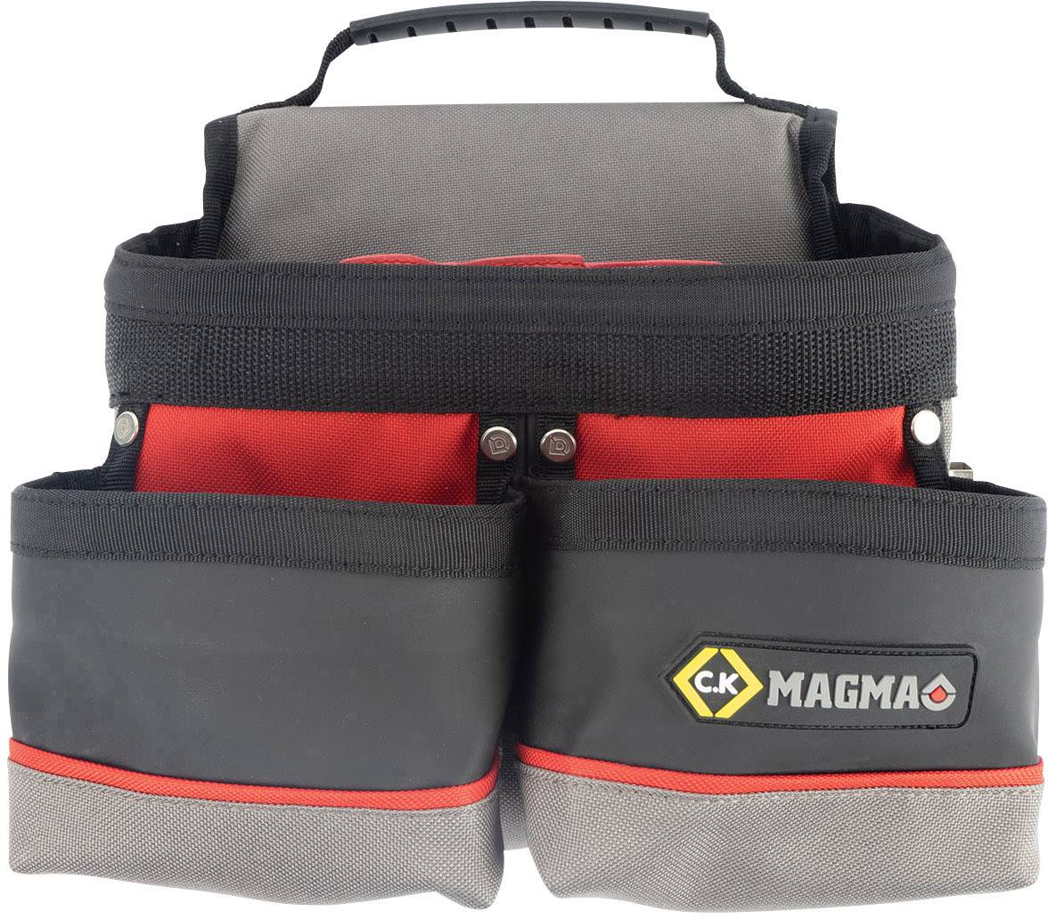 Sacoche à outils à plusieurs compartiments, marque 'C.K Magma', coloris rouge vif et gris-noir, avec une poignée robuste en haut.