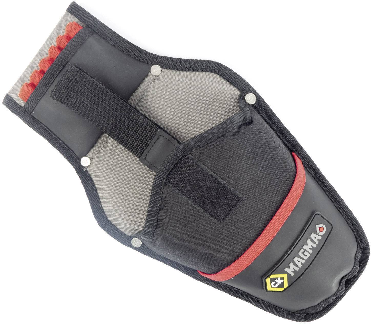 Un étui à outils noir avec le logo 'MAGMA', des détails rouges et plusieurs poches, conçu pour porter des outils à la ceinture.