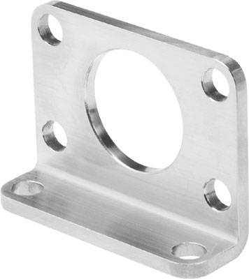 Support d'angle en métal avec quatre trous de fixation et un grand cercle central, utilisé pour la fixation de constructions.