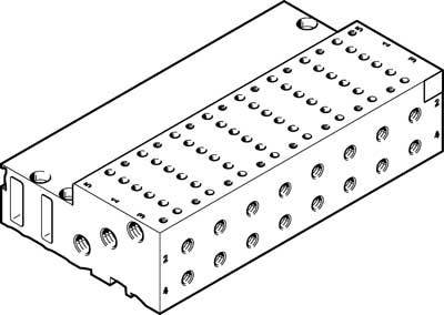 Dessin technique d'un module de connexion rectangulaire avec plusieurs points de connexion circulaires sur la surface supérieure et latérale.