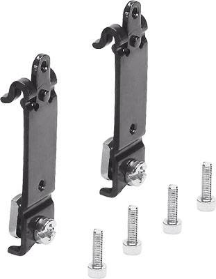 Deux supports en métal noir, chacun avec un insert pour vis, accompagnés de quatre vis.