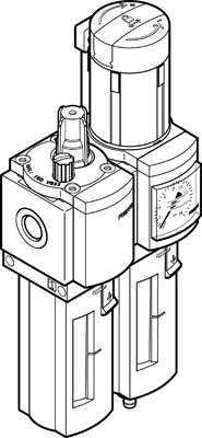 Composant industriel : Module de maintenance pneumatique, comprenant un régulateur de pression, un manomètre, un filtre et un nébuliseur d'huile.